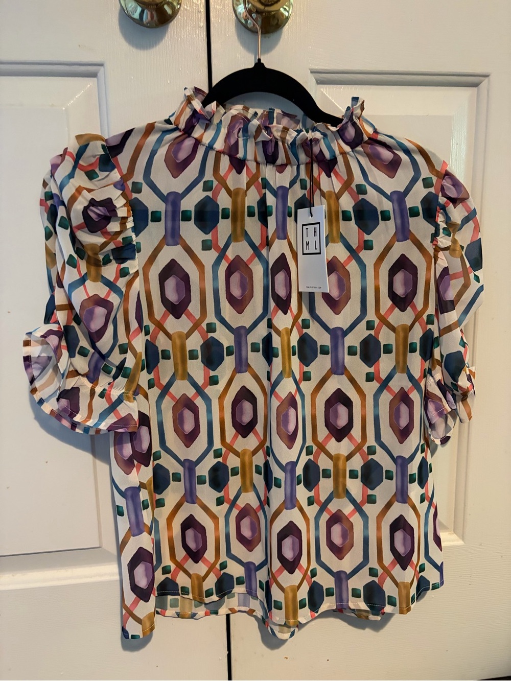 THML Geometric Ruffle Neck Blouse - Purple, Gold, Teal